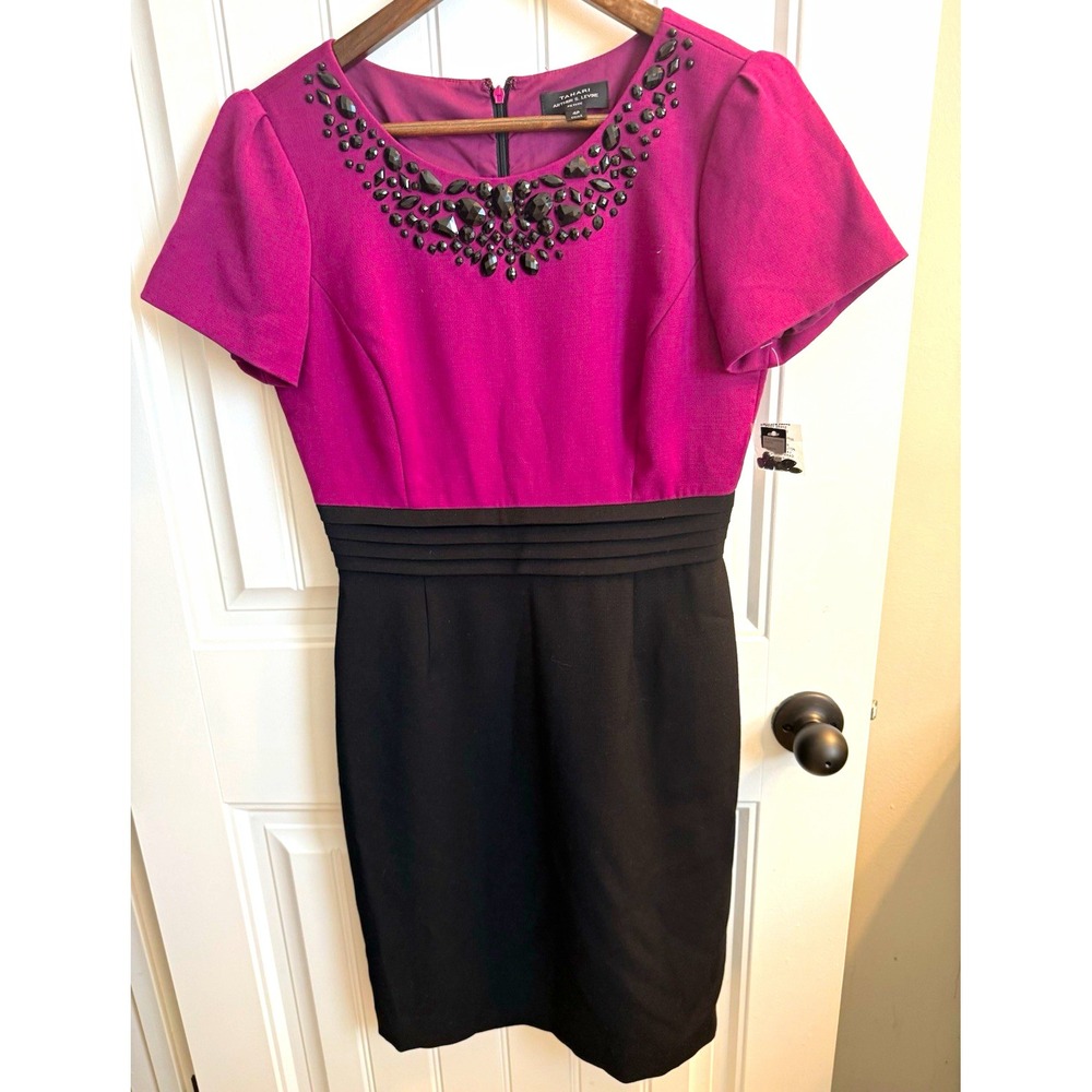 Tahari Arthur S. Levine Petite 4P Purple/Black Beaded Sheath Knee Dress